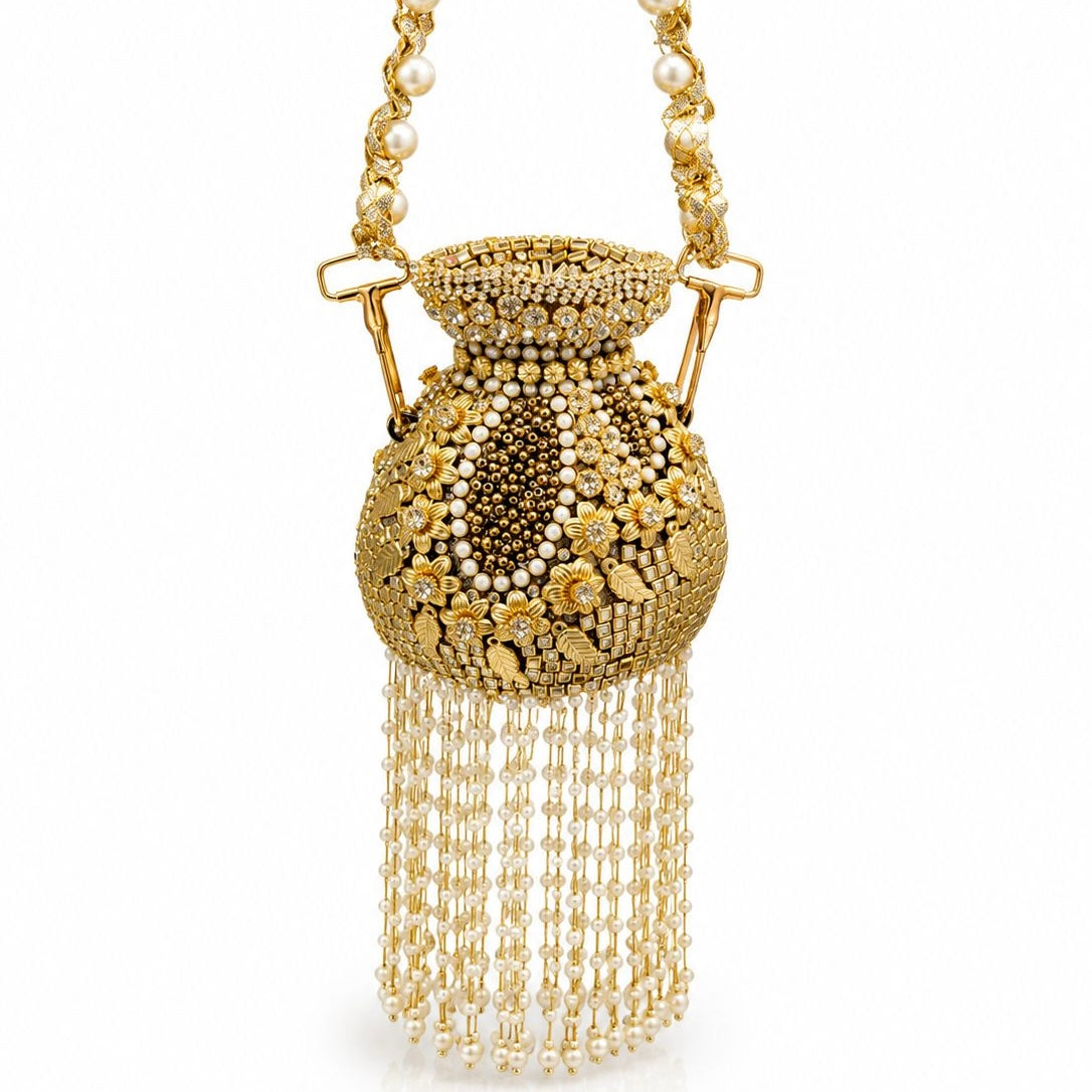 Potli handcrafted kundan clutch with hangings