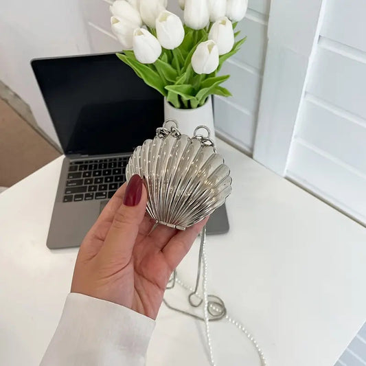 Trendy double chain shell bag - silver